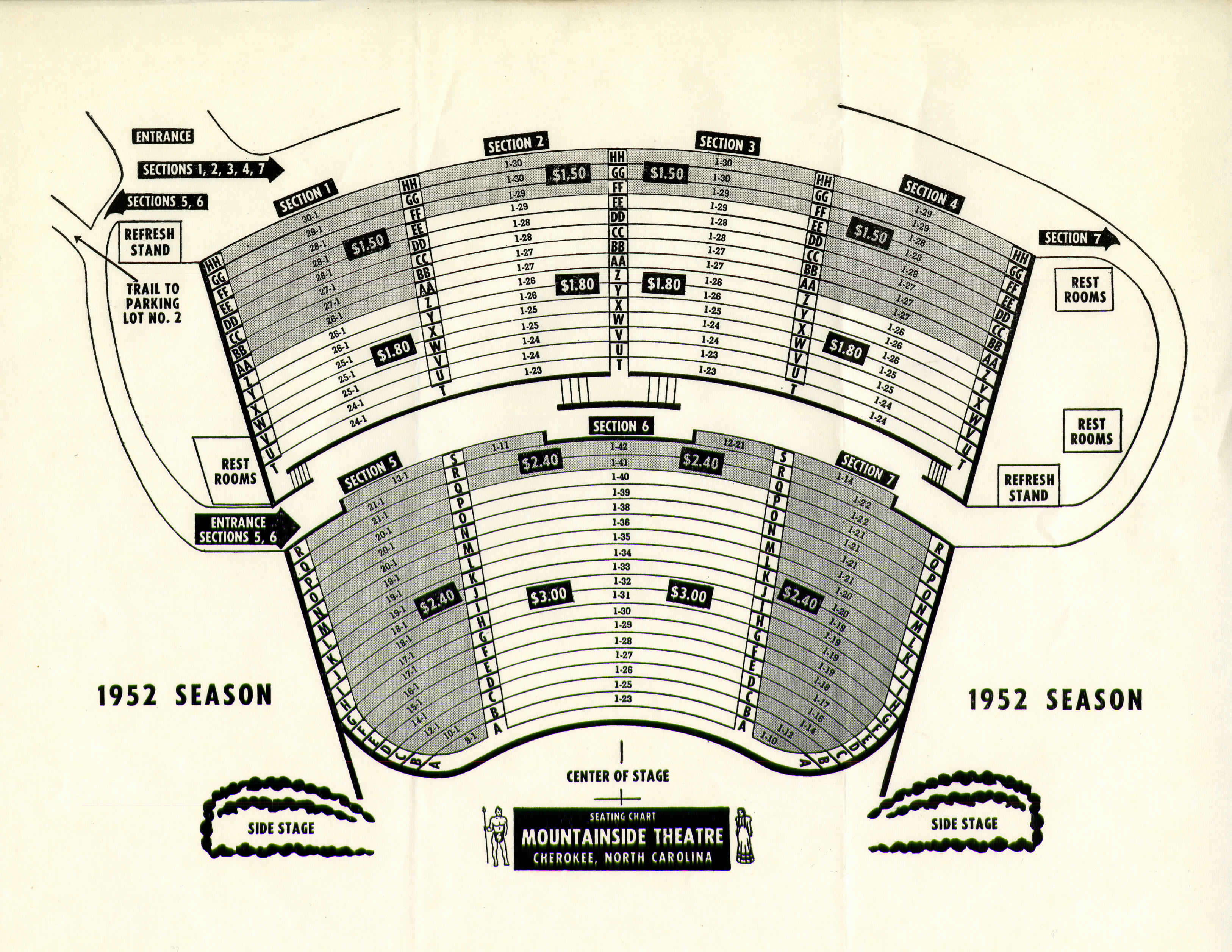 Illustration of Mountainside Theatre seating areas and pricing for "Unto These Hills" outdoor drama.