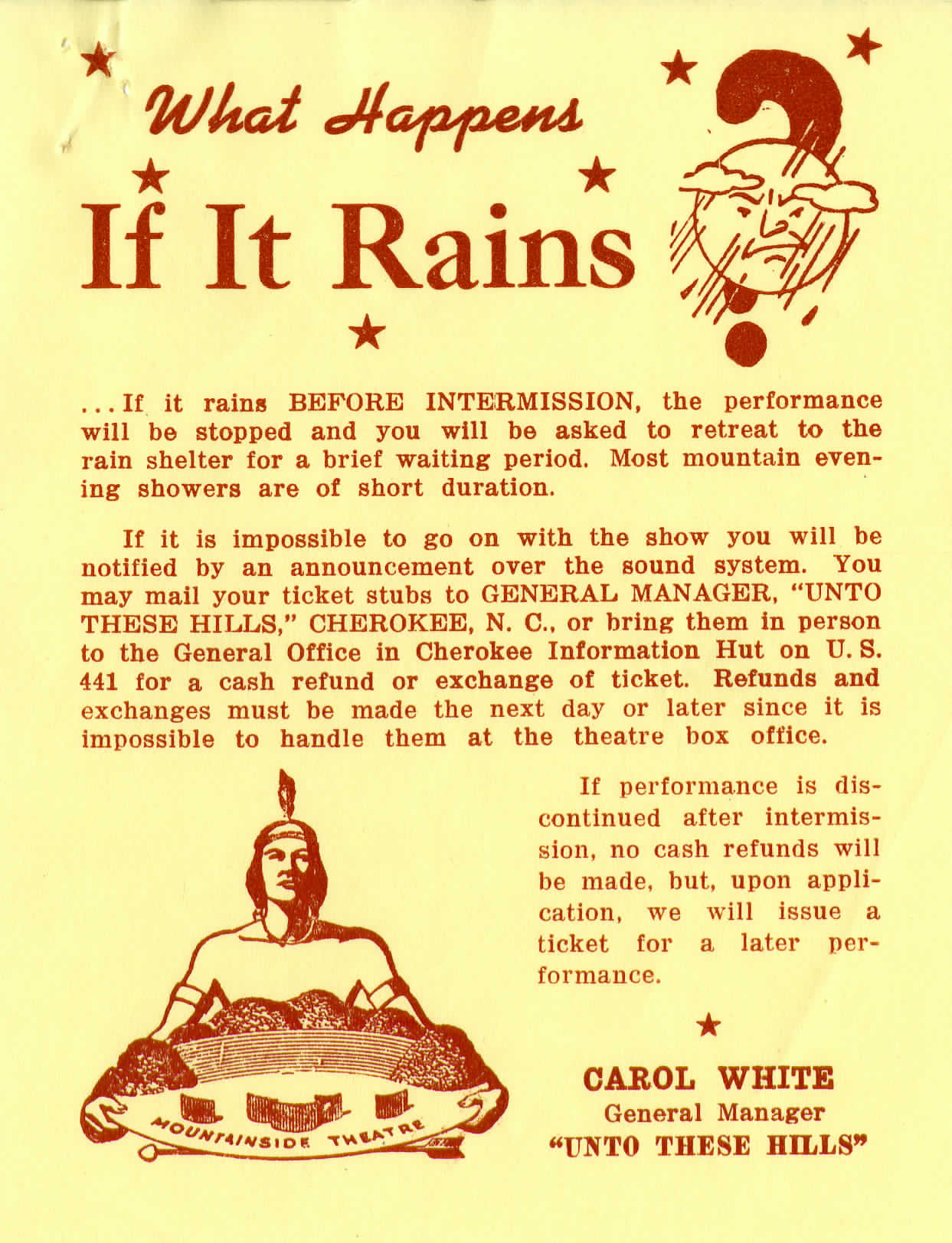 "rain slip" with information about refunds and other information for ticket holders in the event of rain during the performance of "Unto These Hills"