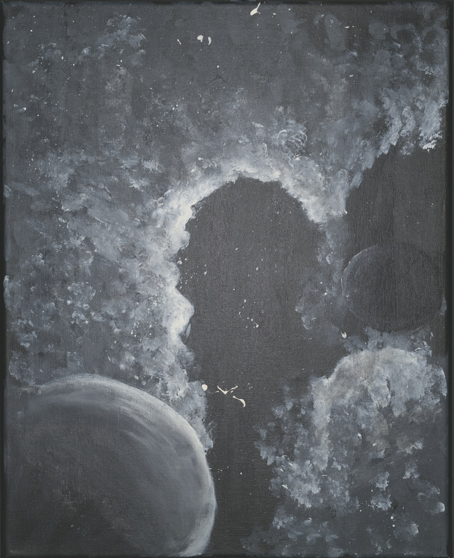 Greyscale painting of the universe with moons or planets