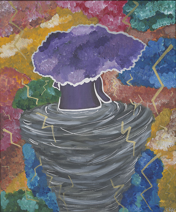 Colorful, abstract painting depicting a figure within a tornado, surrounded by lightning 