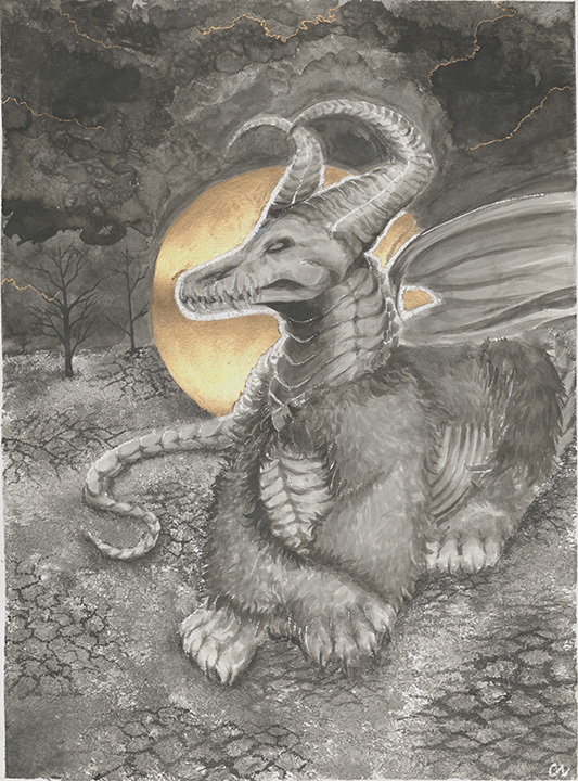 Grey ink painting of a dragon resting in front of a gold halo on cracked earth under a cloudy sky