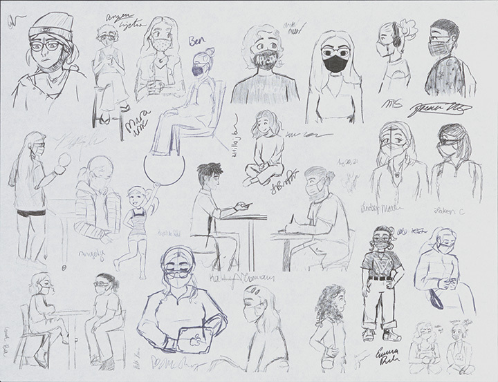 A variety of sketches of people with some text