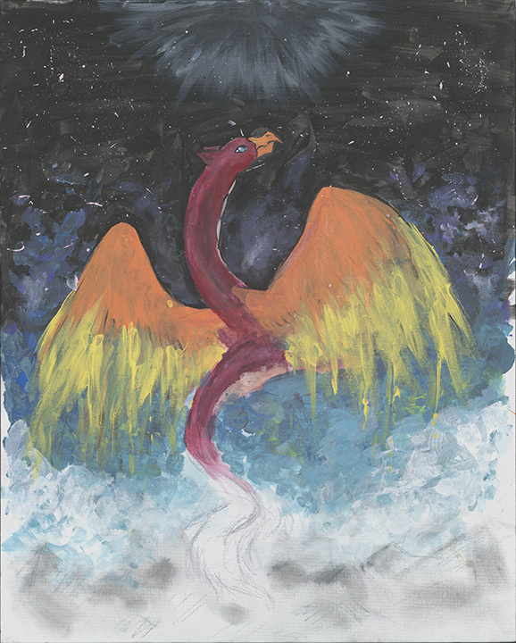 Painting of winged creature breaking upward through the clouds toward the sky