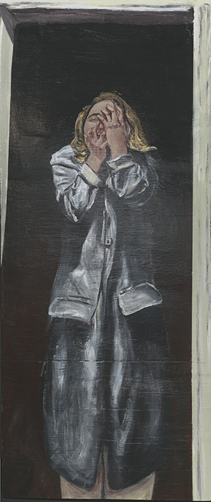 Acrylic paint on wood depicting a figure covering their face with their hands