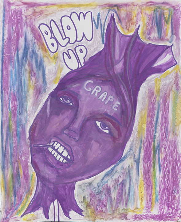 Oil paint and pastels image depicting a purple Blow Pop/ human head with some text