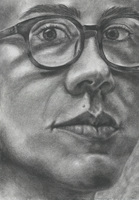 Greyscale portrait of a face, wearing glasses, and looking at the viewer