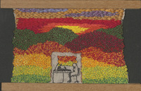 Textile landscape behind a figure sitting at a desk