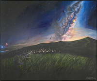 Acrylic painting of a figure with a telescope observing the night sky in front of a mountain landscape 