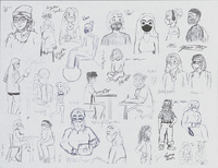 A variety of sketches of people with some text