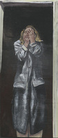 Acrylic paint on wood depicting a figure covering their face with their hands