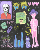 Acrylic painting of two skeletons, a skeleton cat, and various other objects, including a rotary telephone and crying eyes