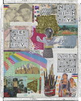 Mixed media collage of various text, images of objects, and images of people