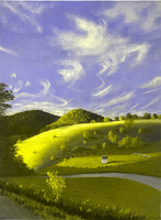 Oil painting of Moses Cone Memorial Park featuring green, rolling hills with mountains in the background, under an expansive blue sky with wispy clouds