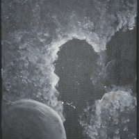 Greyscale painting of the universe with moons or planets