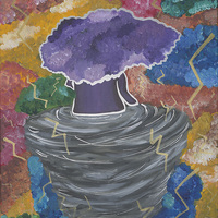 Colorful, abstract painting depicting a figure within a tornado, surrounded by lightning 