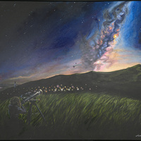 Acrylic painting of a figure with a telescope observing the night sky in front of a mountain landscape 