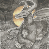 Grey ink painting of a dragon resting in front of a gold halo on cracked earth under a cloudy sky