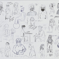 A variety of sketches of people with some text