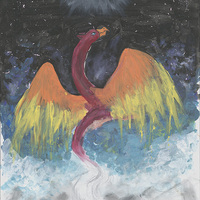 Painting of winged creature breaking upward through the clouds toward the sky