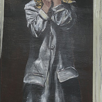 Acrylic paint on wood depicting a figure covering their face with their hands