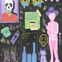 Acrylic painting of two skeletons, a skeleton cat, and various other objects, including a rotary telephone and crying eyes