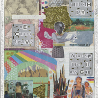 Mixed media collage of various text, images of objects, and images of people