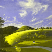 Oil painting of Moses Cone Memorial Park featuring green, rolling hills with mountains in the background, under an expansive blue sky with wispy clouds